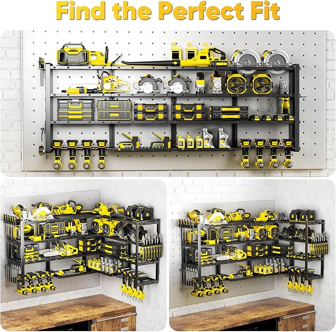 POKIPO Extra Large 64" W Power Tool Organizer Wall Mount, Load 1000 lbs, Heavy Duty 4 Tier Garage Storage Rack with 8 Drill Holders, 2 in 1 Corner or Straight Installation