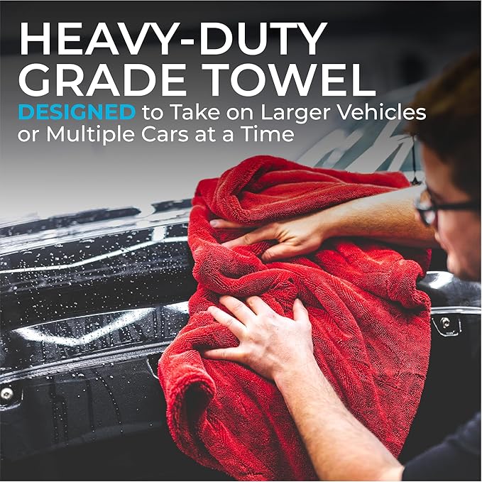 The Rag Company - The 1500 - Heavy Duty Car Drying Towel; Perfect for Trucks, Commercial Vehicles, RVs, Boats, and More; Premium 70/30 Blend Twist Loop Design, 1500gsm, 30in x 30in, Red