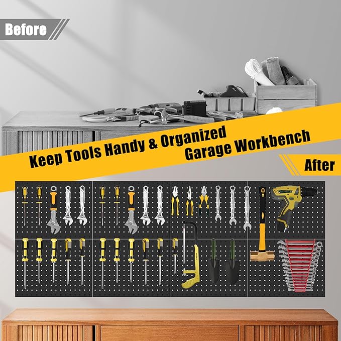 PBHEPJ 8 Pcs Metal Pegboard Panels, Heavy Duty Peg Boards for Garage and Garden Tool Storage, Includes Drywall Anchors and Screws Kits, Black (8 pcs 16in x 12in)