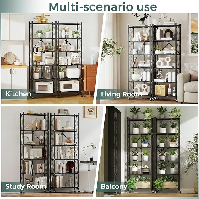DEANIC 6-Shelf Folding Bookcase with Wheels, Heavy Duty Storage Shelves, Freestanding Metal Wire Shelving Unit for Living Room, Office, Kitchen, Basement, Pantry (Black 2 Pack)
