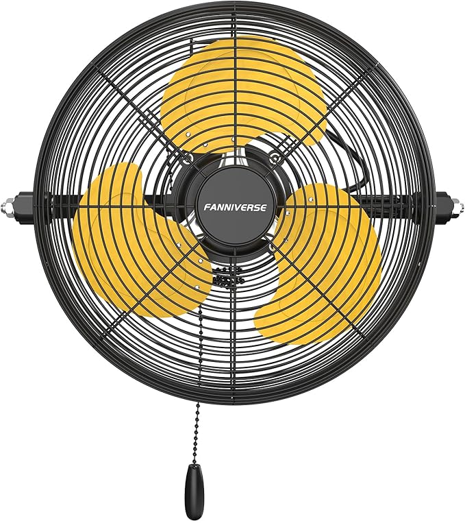 12 Inch High Velocity Wall Mount Fan, 2800 CFM Heavy Duty Metal Commercial Wall Fan, 360° Tilt & Pull Chain for Garage, Workshop, Gym & Covered Patio