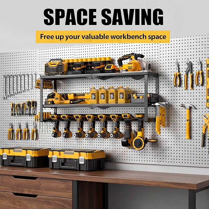 MOOMSINE Power Tool Organizer Wall Mount, Heavy Duty Metal Tool Storage Rack Loads 320lbs, 8 Cordless Drill Holder 3 Layer for Garage, Workshop, Tool Room, Gift for Men