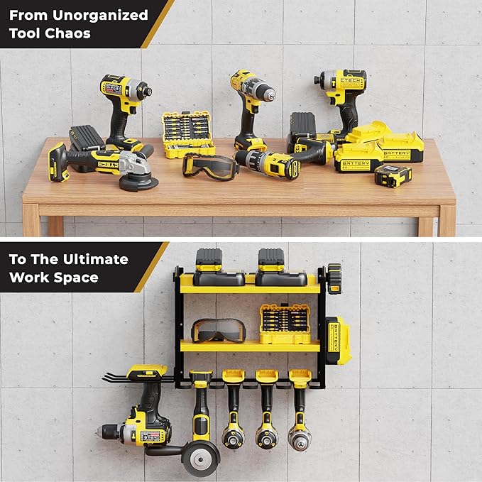 BUILTSTRONG Power Tool Organizer - 6 Drill Holder Wall Mount, 3 Tier Heavy-Duty Hand Storage Rack, Utility Racks, 2 Pegboard Sides - Garage Cordless Organizer (Yellow)