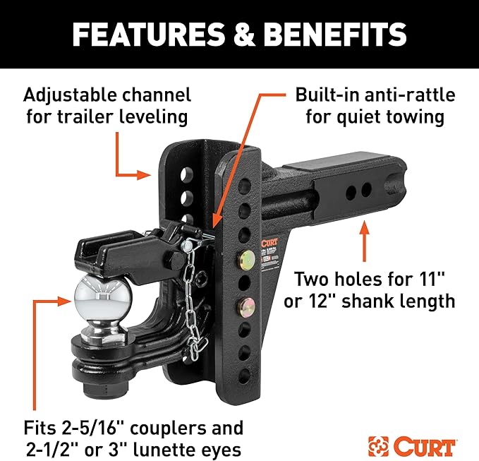 CURT 45908 Adjustable Pintle Hitch Combination, 2-1/2-Inch Receiver, 6-Inch Drop, 2-5/16-Inch Ball, 20,000 lbs