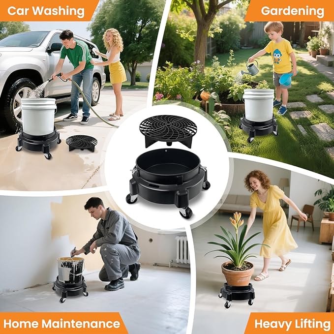 ROBLOCK 5 Gallon Bucket Dolly Roller with Wheels, Detailing Bucket Dolly with Dirt and Grit Traps Insert, Car Wash Accessories for Car Washing, Cleaning, Carrying