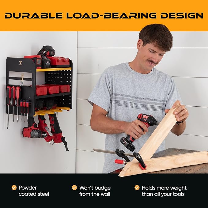 Power Tool Organizer Wall Mount, 4 Layer Heavy Duty Metal Tool Storage Rack with 4 Drill Holders, Pegboard Side Panels & Hooks, Garage Tool Organizer Wall Mount for Cordless Tools, Workshop, Shed