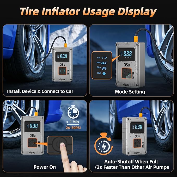 Tire Inflator, 150 PSI Air Compressor with 6000mAh Battery, Car Tire Pump, Air Pump for Car Tires, Bike Inflator, Car Accessories for Cars, Motorcycles & Bikes