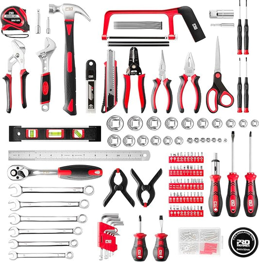 Prostormer 259-Piece Tool Kit, General Household Hand Tool Set with Plastic Storage Toolbox, Portable Complete Repair Tool Box for Home and Car (Red)