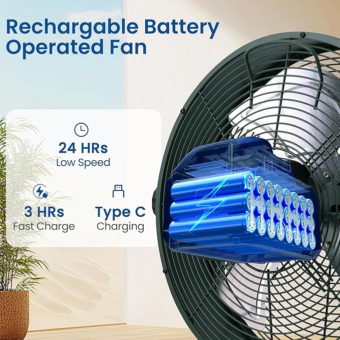 15" Rechargable Battery Operated Fan for Camping,12 Speeds Cordless Floor Fan，Rechargeable Portable Fan for Travel Indoor Outdoor, 12000mAh, 360°Manual Tilt