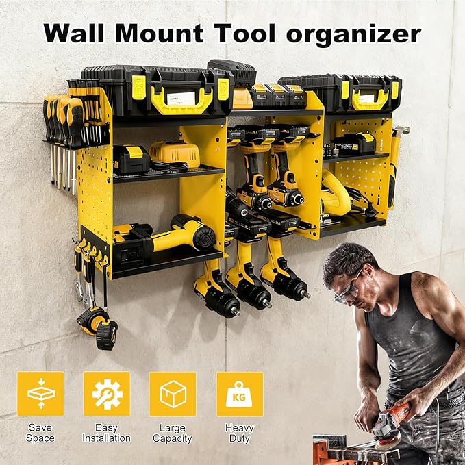 3 layers power tool organizer Loads 150lbs with 6 Cordless Drill Holder and 6 Outlet Power Strip,it’s good choice for husband birthday gift,yellow