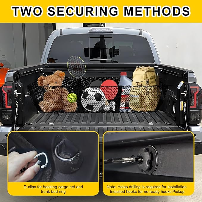 Gestec 3 Pocket Truck Bed Cargo Net for Toyota Ford Dodge GMC Chevy Silverado, Universal Pickup Mesh Storage Net 47.2" x 11.8" Stretchable Elastic Truck Bed Grocery Holder Net with 4 Ball Bungees