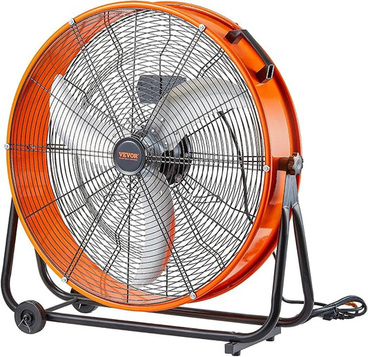 VEVOR Drum Fan, 24 Inch 8700 CFM High Velocity Heavy Duty Floor Shop Fan, 3-Speed, 5ft Cord, 360°Adjustable Tilting, Commercial Industrial Use for Warehouse, Workshop, Factory, Basement