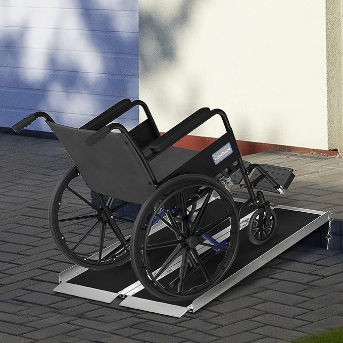 HOMCOM Wheelchair Ramp 5FT, Folding Aluminum Threshold Ramp with Non-Slip Surface, Transition Plates Above and Below, 600lbs Weight Capacity for Home, Doorways, Curbs, Steps