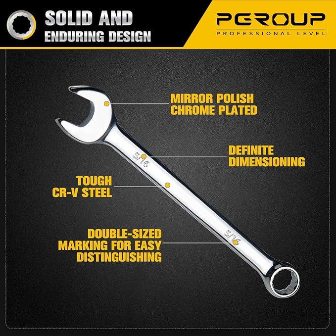 5/16" SAE Combination Wrench, CR-V Steel with Mirror Polish, 12-Point Design, 15-Degree Offset, Perfect for Auto Repair, Household, Car & Truck Emergency