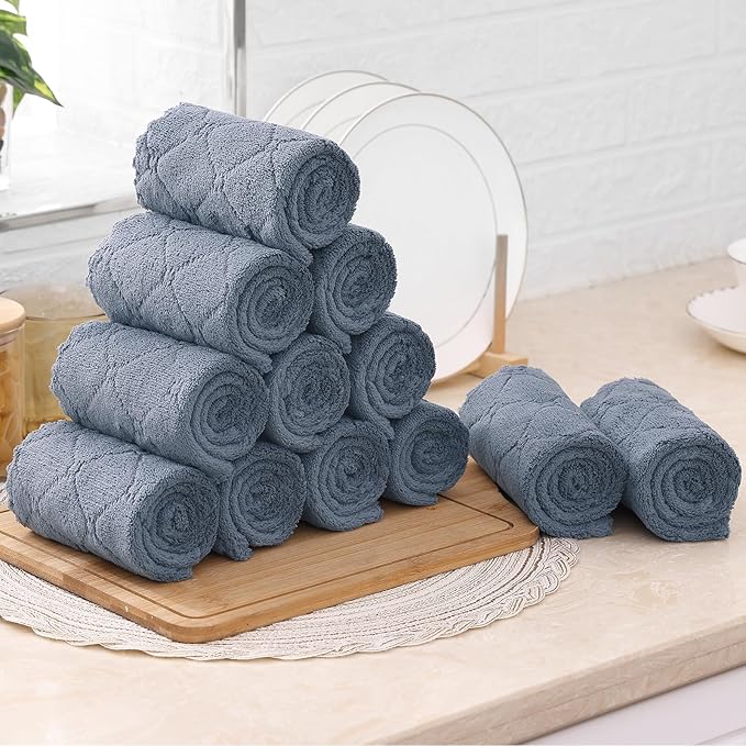 Mordimy 24 Pack Kitchen Cloths Dish Towels (10" x 10", Dark Grey & White), Super Soft and Absorbent Dish Cloths, Coral Velvet Microfiber Cleaning Cloth, Nonstick Oil Fast Dry Dishcloths