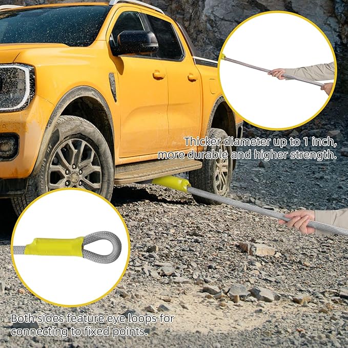 1" x 30' Kinetic Recovery Tow Rope (48,500lbs) with 2 Soft Shackles (56,000 lbs), Heavy Duty Offroad Towing Straps Kit for SUV UTV ATV Truck Jeep Off-Road Vehicle Recovery