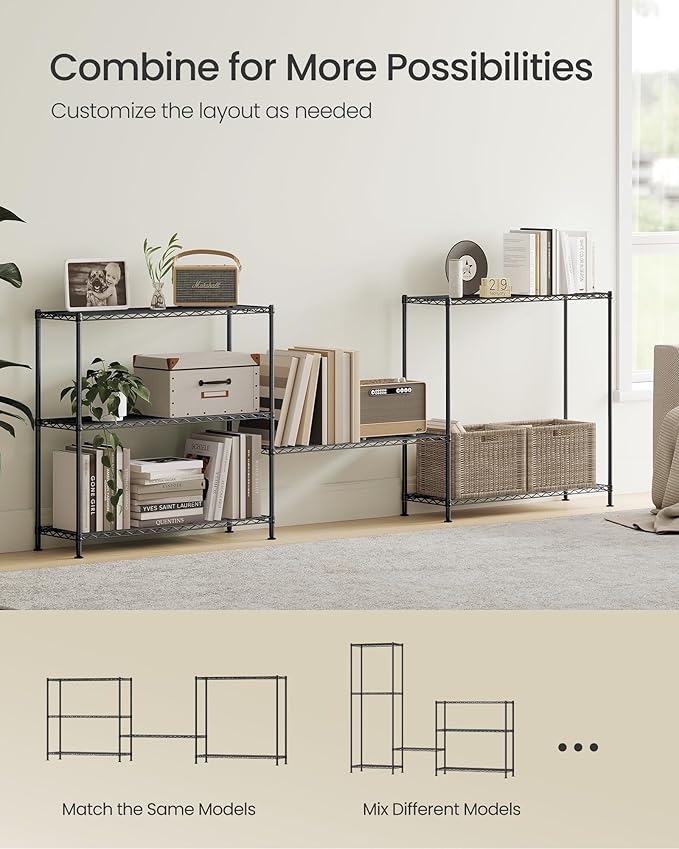 SONGMICS Storage Shelf, Metal Wire Shelving Unit, Adjustable Shelves, for Garage, Bedroom, Living Room, Kitchen, Pantry, 3 Tier, 11.8 x 35.4 x 35.4 Inches, Ink Black ULGR193BH01S