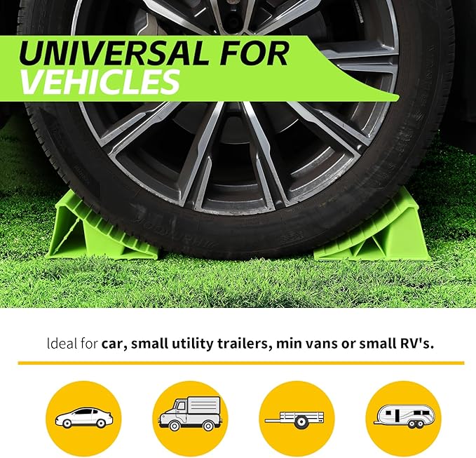 MaxxHaul High Visibility Polypropylene Wheel Chocks 2-Pack 8.4" x 4.75" x 4.25" Non-Slip Base Lightweight Durable Tire Chocks for Cars Trailers and Small RVs Neon Green (50230)