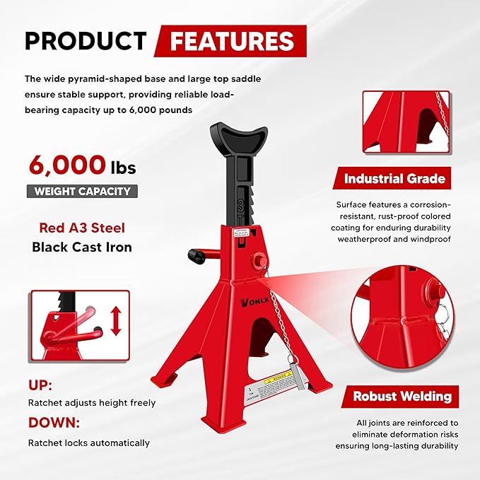 Car Jack Stands 3 Ton Adjustable Auto Floor Jackstands with Double Locking and Large Foot Base for Lifting SUVS, Heavy Duty Carbon Steel 6,000 lb Capacity 2 Pack