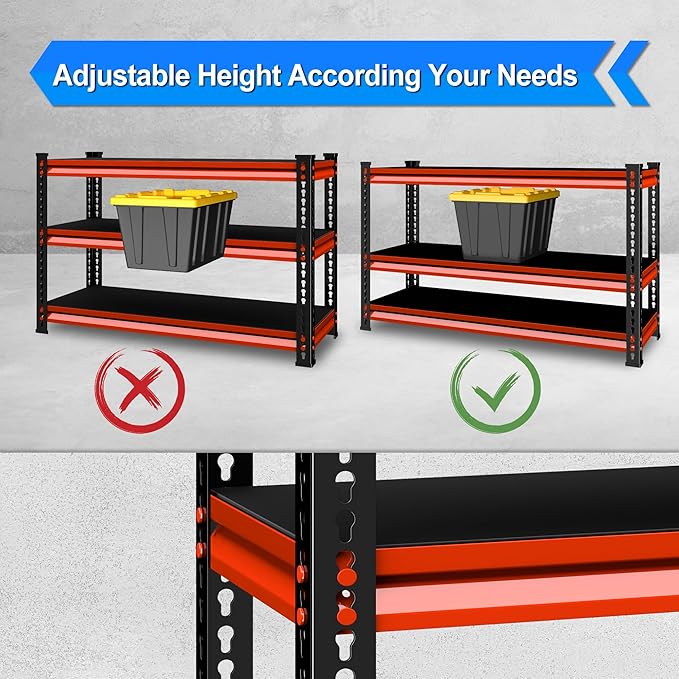 48" W Garage Shelving Heavy Duty, 1500LBS Loads Adjustable Garage Storage Shelves, 3-Tier Metal Shelving Units and Storage Racks, Industrial Utility Shelf,48" Wx18 Dx39 H,Red