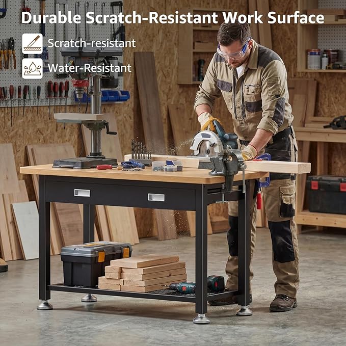 47.2" Heavy Duty Work Bench with Drawer and Storage for Garage, Small Wood Top and Metal Work Table for Crafts, 3D Printer Reloading Bench, Tool Chest Workbenches Crafting Table Working Station