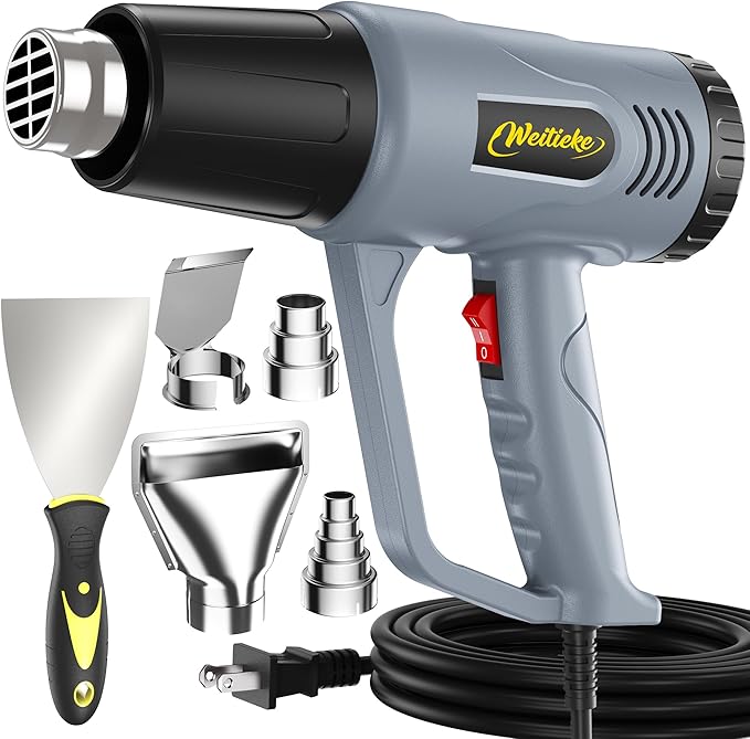Heat Gun, 10Ft power cord Heavy Duty Hot Air Gun 572&1112℉ Dual Temperature Control 4 Nozzels & Paint Scraper Overload Protection for Paint Stripping,Crafting, vinyl wrap