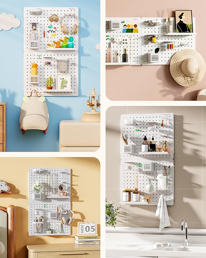 PEGZONE Pegboard Wall Organizer Combination Kit,Overall 33.1"x20.5" Metal Office Pegboard with 19 Accessories, Wall Mounted Peg board Display Panels for Home, Gaming Room, Garage (2Pcs,White)