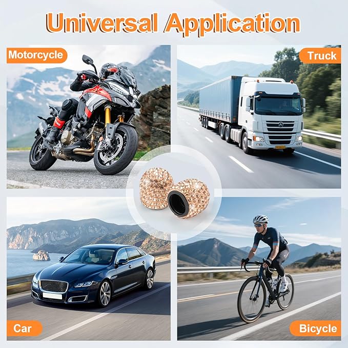 JUSTTOP 4 Pack Handmade Crystal Rhinestone Car Tire Valve Stem Caps, Car Wheel Tire Valve, Attractive Dustproof Bling Car Accessories, Universal for Cars, Trucks and Motorcycles-Orange