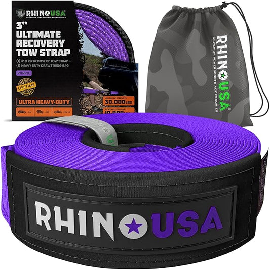 Rhino USA Recovery Tow Strap (3" x 20') - 31,518lb Break Strength - Emergency Recovery Strap Tow Rope for Truck, UTV, ATV & More - Heavy Duty Towing Strap for Offroad 4x4 Use - Compatible with Jeep