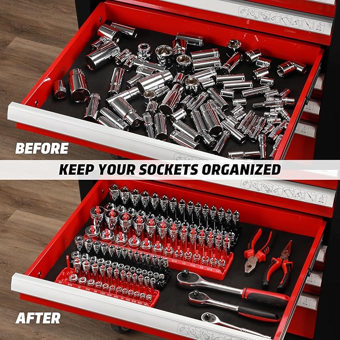 AIRTOON 1/4-Inch & 3/8-Inch Drive Socket Organizer Trays, 4-Piece SAE and Metric Socket Tray Set, Deep and Standard Socket Holders Organizers for Toolbox, Black & Red