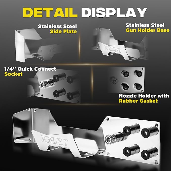 JOEJET Pressure Washer Gun Holder, Stainless Steel Foam Cannon Holder, Wall Mount Storage Organizer for Pressure Washer Nozzle Tip, 1/4” Quick Connect