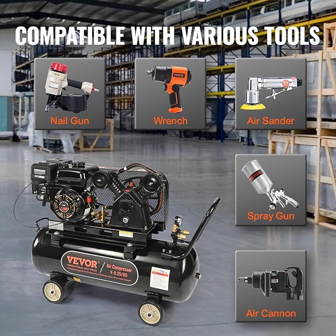 VEVOR 7HP Gas Powered Air Compressor, 21 Gallon Horizontal Air Compressor Tank with Wheels, 9CFM@115PSI Gas Driven Piston Pump Air Compressed System for Workshop Tire Inflation, Spraying, Nailing