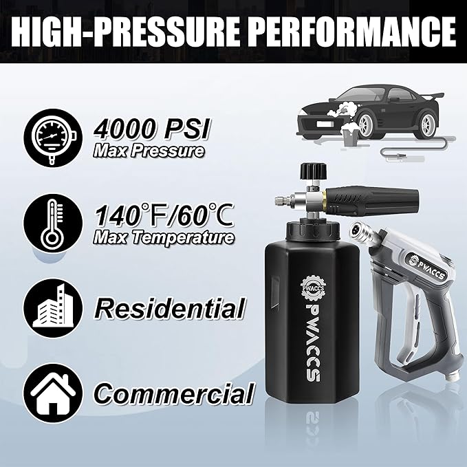 PWACCS Pressure Washer Foam Gun, Short Pressure Washer Gun, Foam Cannon for Car Wash Kit with 1/4" Quick Connector, Pressure Wash Handle for Power Washer with M22 Male Inlet, 4000 PSI, 1.5 Liter
