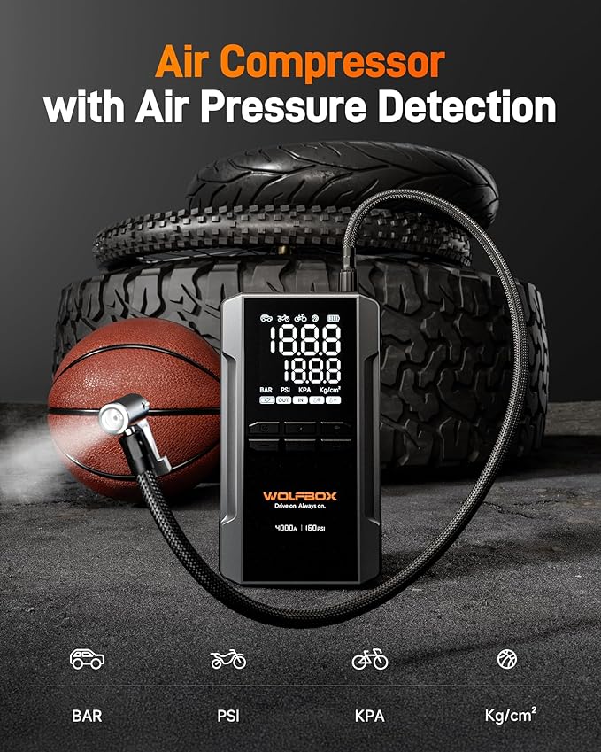 WOLFBOX 4000A Jump Starter with 160PSI Air Compressor, 12V Car Battery Booster, 88.8Wh Portable Jump Box (10.0 Gas/10.0L Diesel) with 65W Fast Charging, Tire Inflator, Jumper Cables, and LED Light