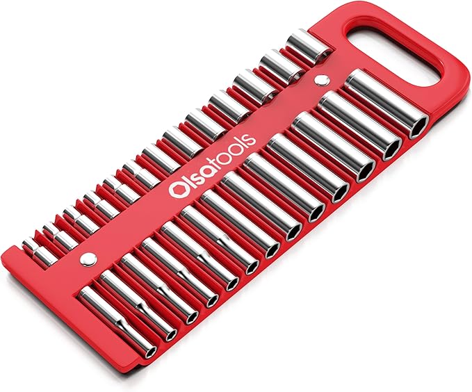 Olsa Tools Magnetic Portable Socket Organizer Tray - 1/4-Inch Drive - Red Holder for Deep & Shallow Sockets - Fits up to 5/8" SAE or 14mm Metric - Quality Tool Organizer for Professionals - Part 1075