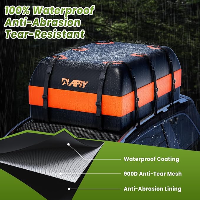 APTY 23 Cubic Feet Car Rooftop Cargo Bag Carrier, Soft Roof Top Luggage Bag for All Vechicles with/Without Racks - with Waterproof Zip, Luggage Lock, Anti-Slip Mat, Storage Bag, Door Hooks