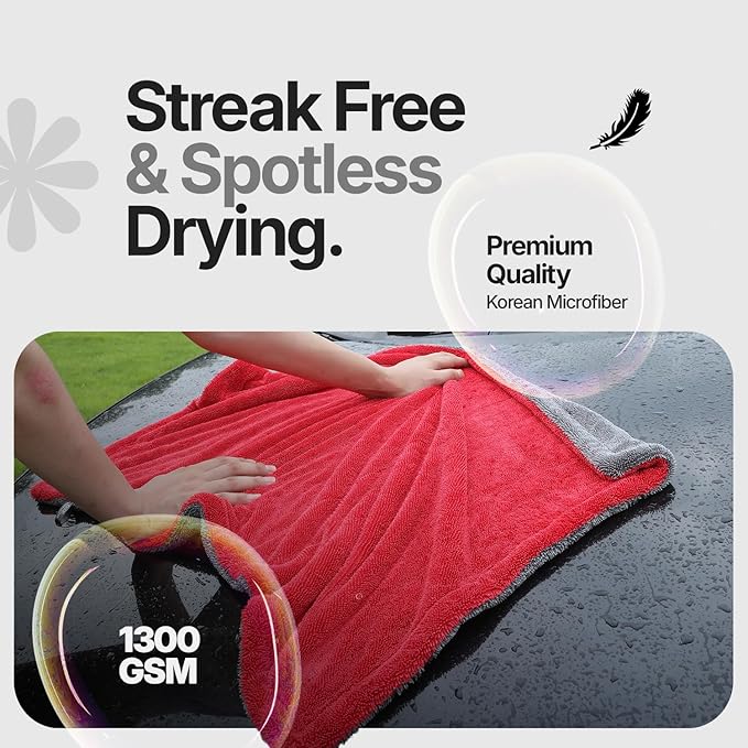 Crystal Clean 1300GSM Microfiber Towels for Cars – XL Drying Towel with Double Twisted Loop, Professional Detailing Towel Car Detailers - Quick Dry, Paint Safe & Swirl-Free (Grey+Red)