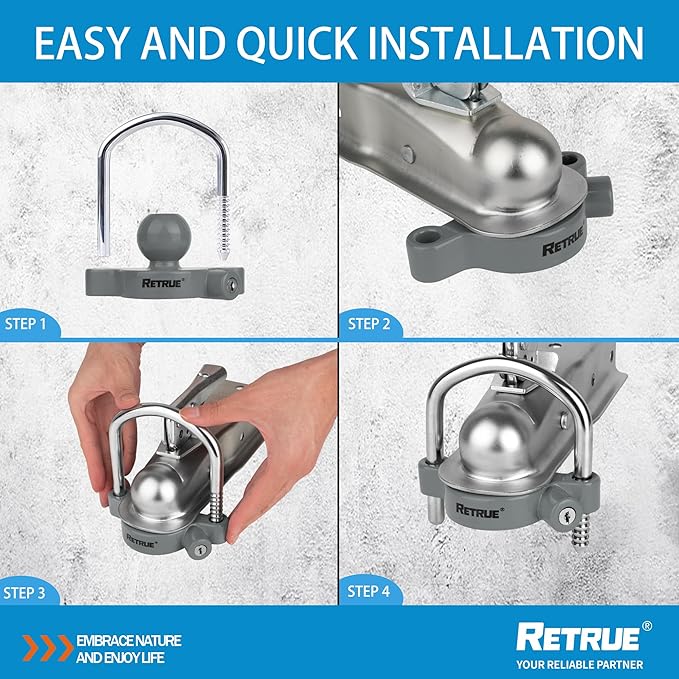 RETRUE Universal Coupler Lock Trailer Locks Ball Hitch Trailer Hitch Lock Adjustable Security Heavy-Duty Steel Fits 1-7/8 Inch, 2 Inch, 2-5/16 Inch Couplers, Grey