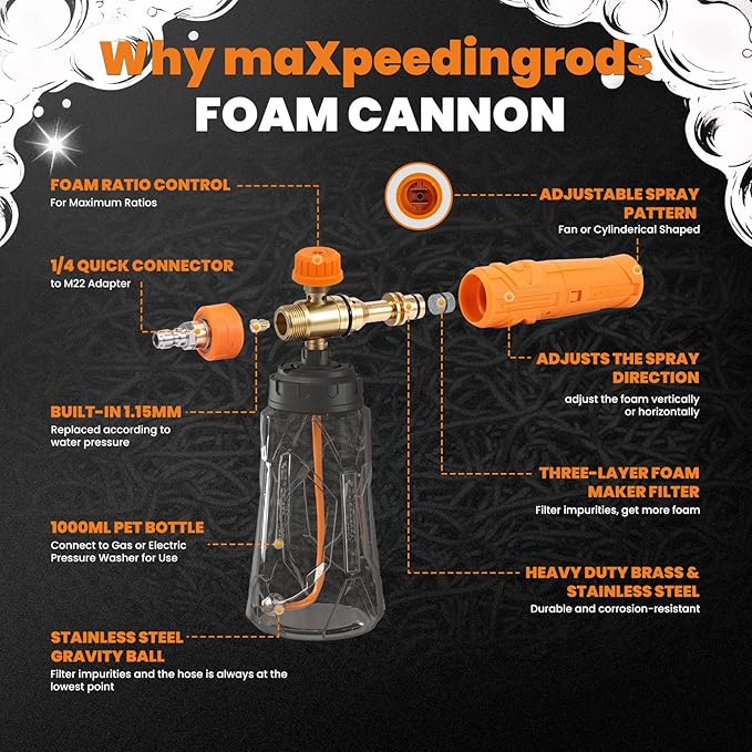 maXpeedingrods Foam Cannon for Pressure Washer, Wide Mouth Quick Release Car Wash Foam Gun with Adjustable Soap Cannon, Thick Snow Foam Lance for Car Wash, 1/4'' Quick Connector, with 2 Orifice Nozzle