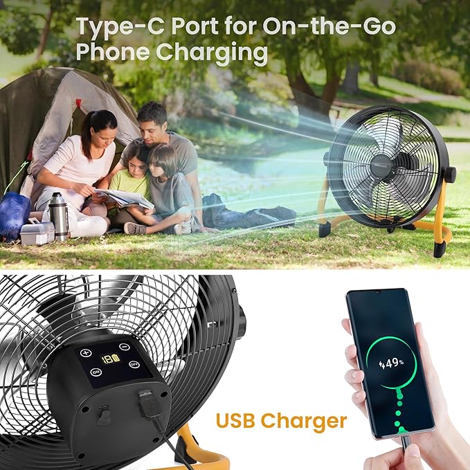 15" Rechargable Battery Operated Fan for Camping,12 Speeds Cordless Floor Fan，Rechargeable Portable Fan for Travel Indoor Outdoor, 12000mAh, 360°Manual Tilt