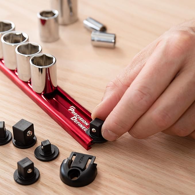 Precision Defined Aluminum Tool Holder | Red Single 1/2-Inch Socket Organizer x 14 Clips | Heavy Duty Rotating Socket Tray