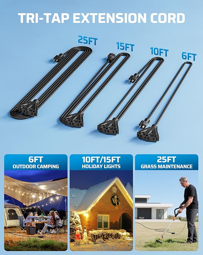 DEWENWILS 10FT Outdoor Extension Cord, Tri-Tap Extension Cord Splitter, 3 Outlet 16/3 SJTW Power Cable for Landscape Lighting String Lights, 13A/125V/1625W, ETL Listed, Black, 1 Pack