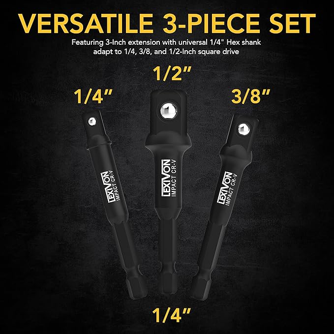 LEXIVON Impact Grade Socket Adapter Set, 3" Extension Bit With Holder | 3-Piece 1/4", 3/8", and 1/2" Drive, Adapt Your Power Drill To High Torque Impact Wrench (LX-101)