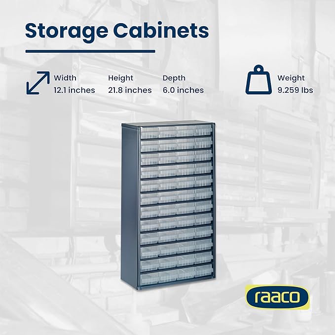 Raaco Steel Storage Cabinet, Tall 48-Drawer, Clear Polypropylene Plastic Drawer – Small Parts Organizer, Screws, Nuts & Bolts, Crafts & Hardware – Tool Cabinet for Workbench & Wall Storage (C12-48)