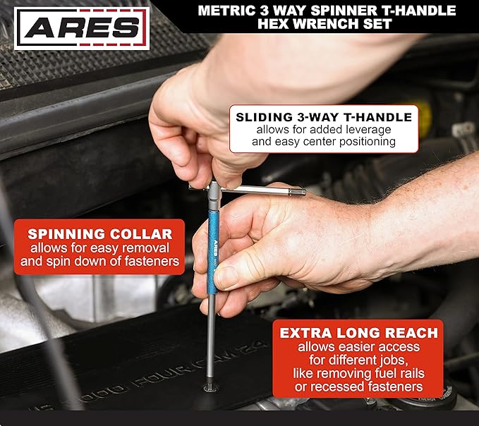 ARES 44001 – 8-Piece Metric T-Handle Hex Key Set – 3-Way Spinner Wrenches with Sliding Handle – 2mm to 10mm
