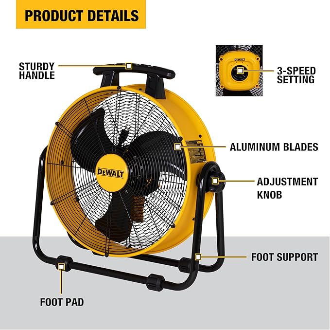 DEWALT DXF2042 Industrial Fan, 20 Inch High Velocity Fans with 3-Speed Adjustable Tilting Head, Drum Fan for Outdoor, House and Warehouse, Yellow