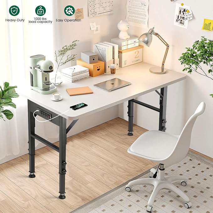 OLBRUS 19.6-Inch Depth Workbench Frame, Height Adjustable 28.5" to 33.8",Set of 4 Metal Table Legs with Floor Protectors, Heavy Duty DIY Furniture Legs for Study Desk（Power Outlets/Rubber Pad）