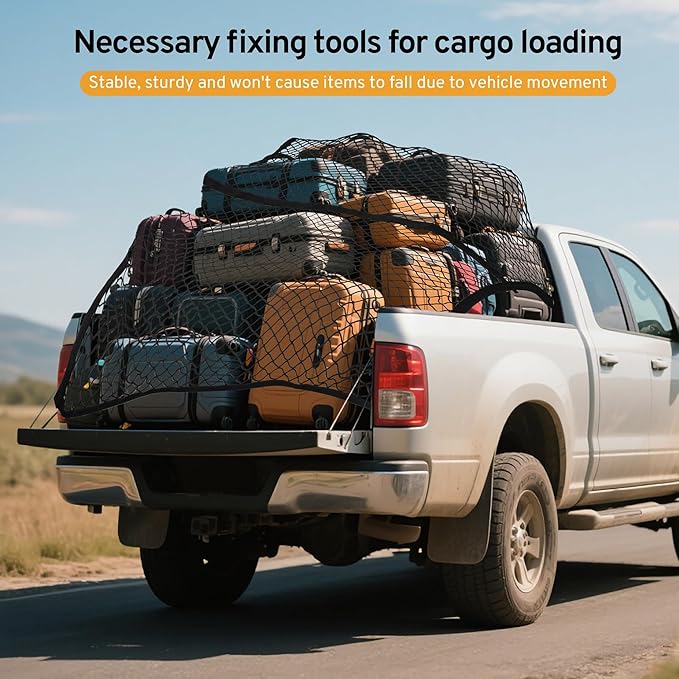 Cargo Net for Pickup Truck Bed for Ford Maverick Ranger Hybrid, XL, XLT, Lariat 2000-2025 2026 Accessories Mesh Organizer Stretchable 4'x4' to 7'x7' Netting Highly Elastic