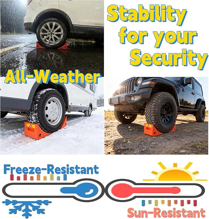 Heavy Duty Orange PU Wheel Chocks with Reflective Strips - 4-Piece,S/M,All-Weather, Non-Slip & Portable Parking Security for Truck, RV, Trailer (4, S)