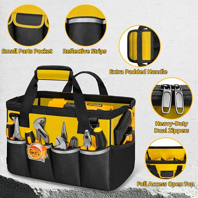 NECKORY Tool Bag, Portable Tool Box Organizer Adjustable Shoulder Strap, Carry Tool Tote Heavy Duty Tool Storage Bag With Wide Mouth,Tool Bags for Men Mechanic EngineerGift - L, Yellow & Black